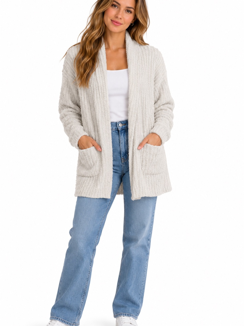 Tommy Bahama Island Soft XXS Cream Plush Open Front Cardigan Sweater